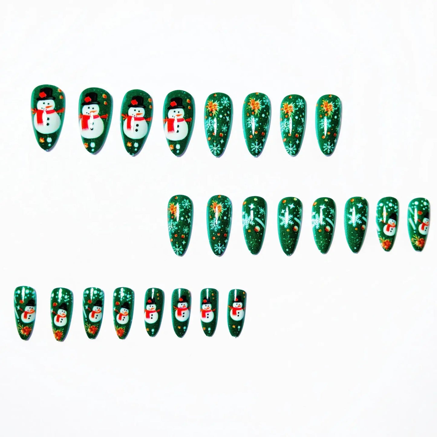 Medium Long Christmas Fake Nails – Square & Almond Tips with Tree, Snowflake & Snowman Designs