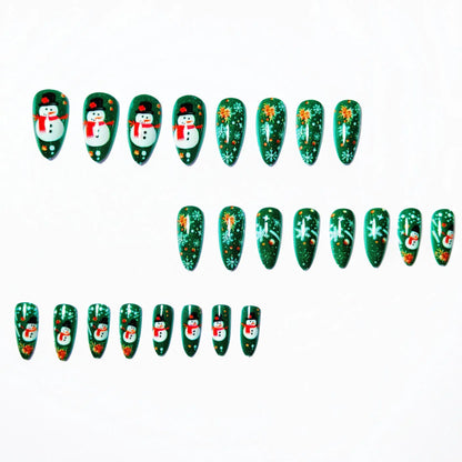 Medium Long Christmas Fake Nails – Square & Almond Tips with Tree, Snowflake & Snowman Designs