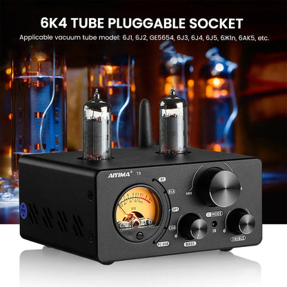 AIYIMA Audio T9 HiFi Bluetooth 5.0 Vacuum Tube Amplifier – USB DAC, COAX, OPT, VU Meter Stereo Amplifier for Speakers