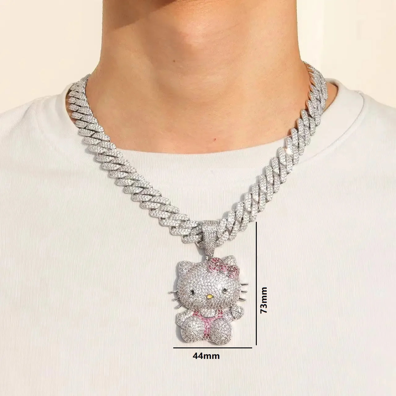 Kawaii Hello Kitty Necklace – Anime Sanrio Hip Hop Diamond Pendant with Cuba Chain, Cute Cartoon Jewelry Gift for Men & Women