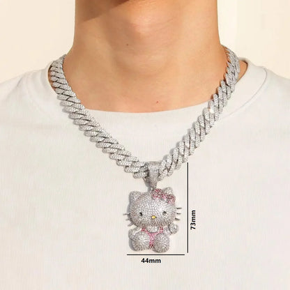 Kawaii Hello Kitty Necklace – Anime Sanrio Hip Hop Diamond Pendant with Cuba Chain, Cute Cartoon Jewelry Gift for Men & Women
