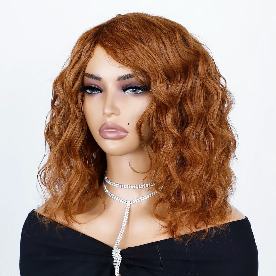 Honey Curly Bob Human Hair Wig — Side Part Pre-Plucked Glueless Brown & Blonde Curly Wig with Fringe Bangs