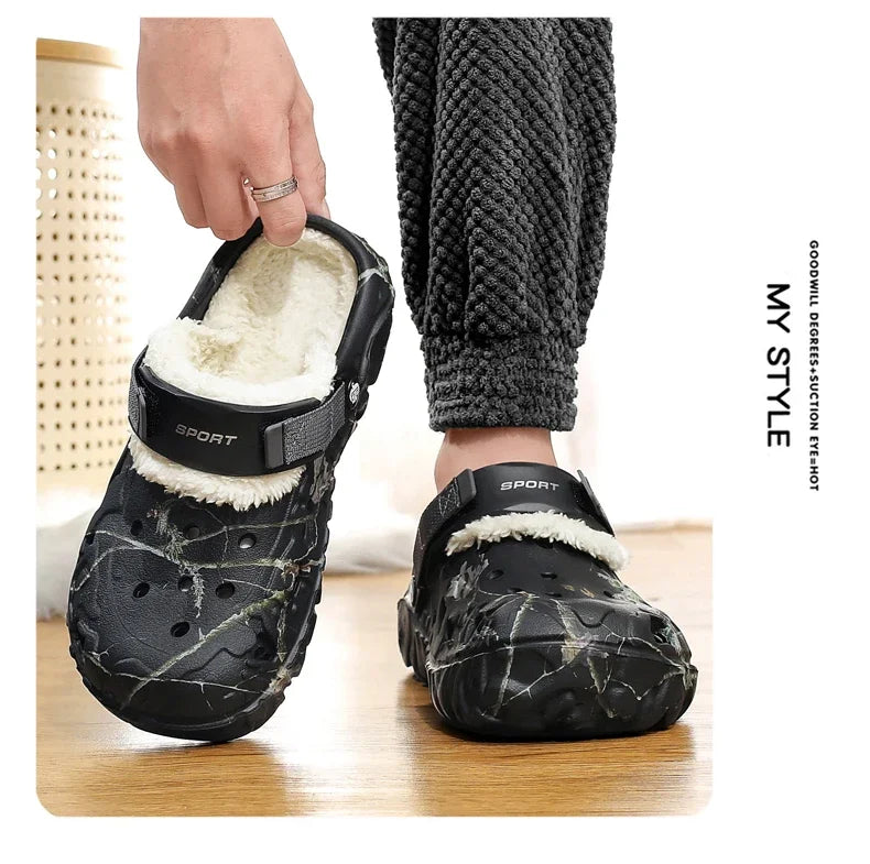 Winter Men’s Garden Clogs – Plush Fur Slippers & Fluffy Outdoor Slides for Couples