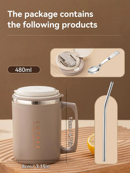 WORTHBUY Double-Layer Stainless Steel Coffee Cup – Insulated 304 Travel Mug with Spoon & Straw, Anti-Scald Milk & Water Cup