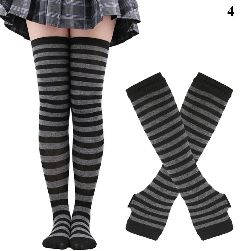 Women’s Over-Knee Long Stripe Socks & Arm Sleeve Gloves – Cute Plus Size Thigh High Cotton Socks