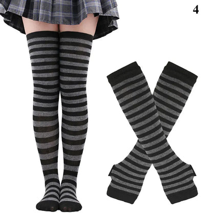 Women’s Over-Knee Long Stripe Socks & Arm Sleeve Gloves – Cute Plus Size Thigh High Cotton Socks