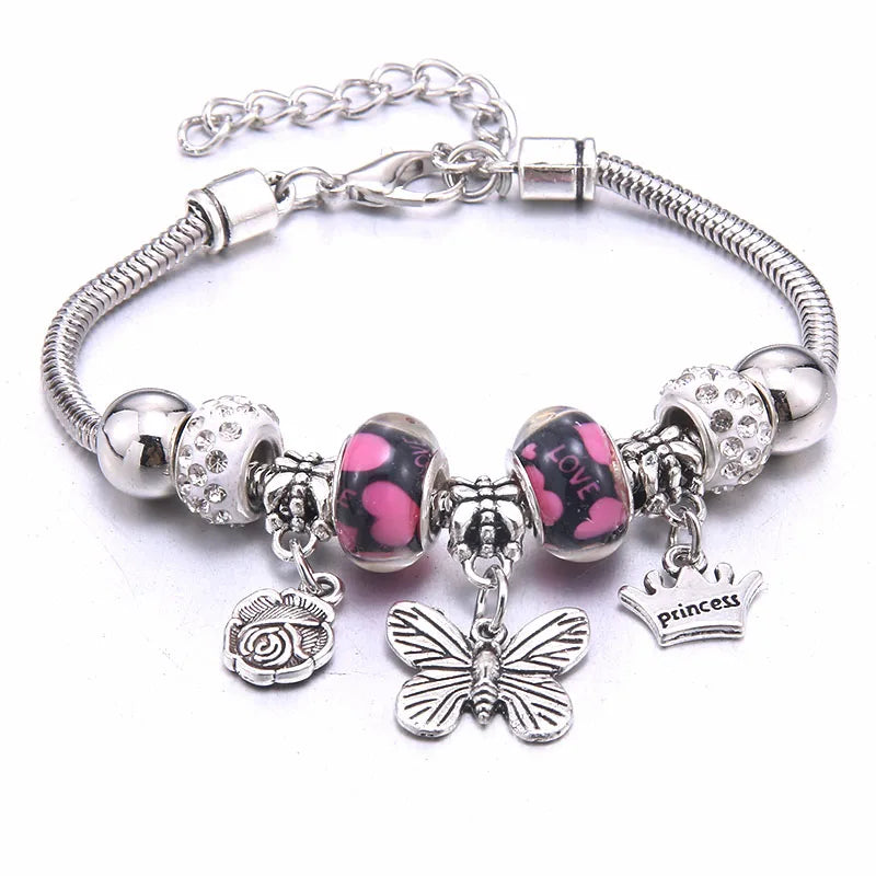 Pink Charm Bangle - Butterfly Snake Chain Bracelet with Beads and Lobster Clasp for Women