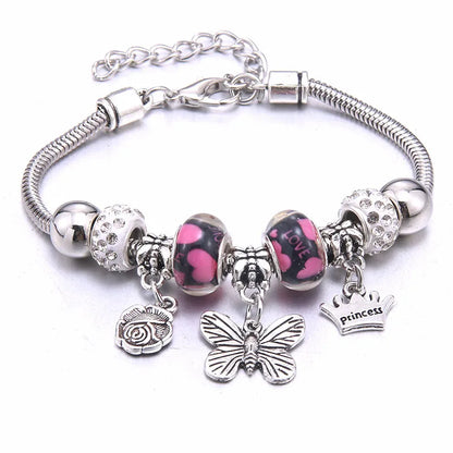 Pink Charm Bangle - Butterfly Snake Chain Bracelet with Beads and Lobster Clasp for Women
