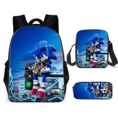 3PC Sonic Backpack School Bag Set – Anime Cartoon Zipper Backpack for Boys & Girls, Primary and Middle School Students