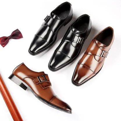 Men’s Genuine Cow Leather Monk Strap Shoes - Single Buckle Cap Toe Business & Wedding Dress Shoes