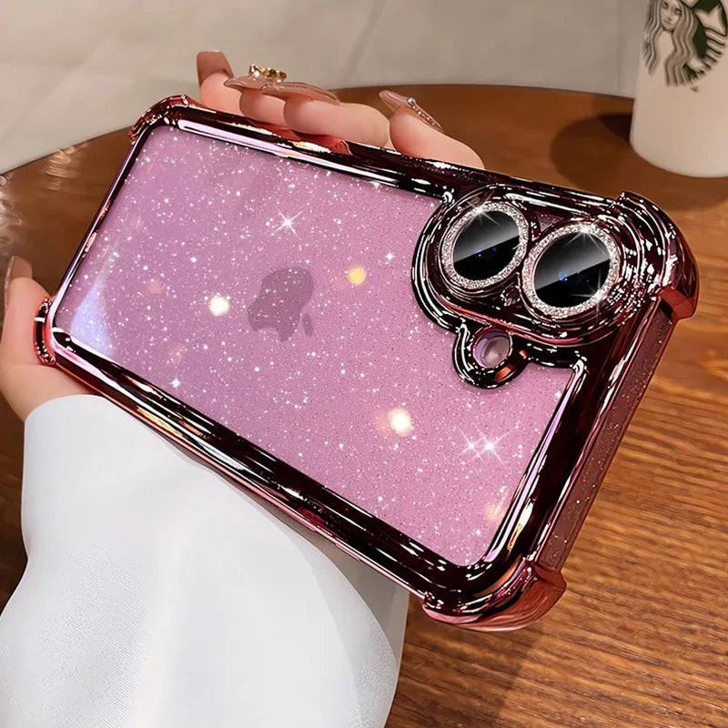Luxury Glitter Bling Transparent Silicone iPhone Case for 16/16 Plus/15/14/13/12/11 Pro Max – Plated Airbag Shockproof TPU Cover