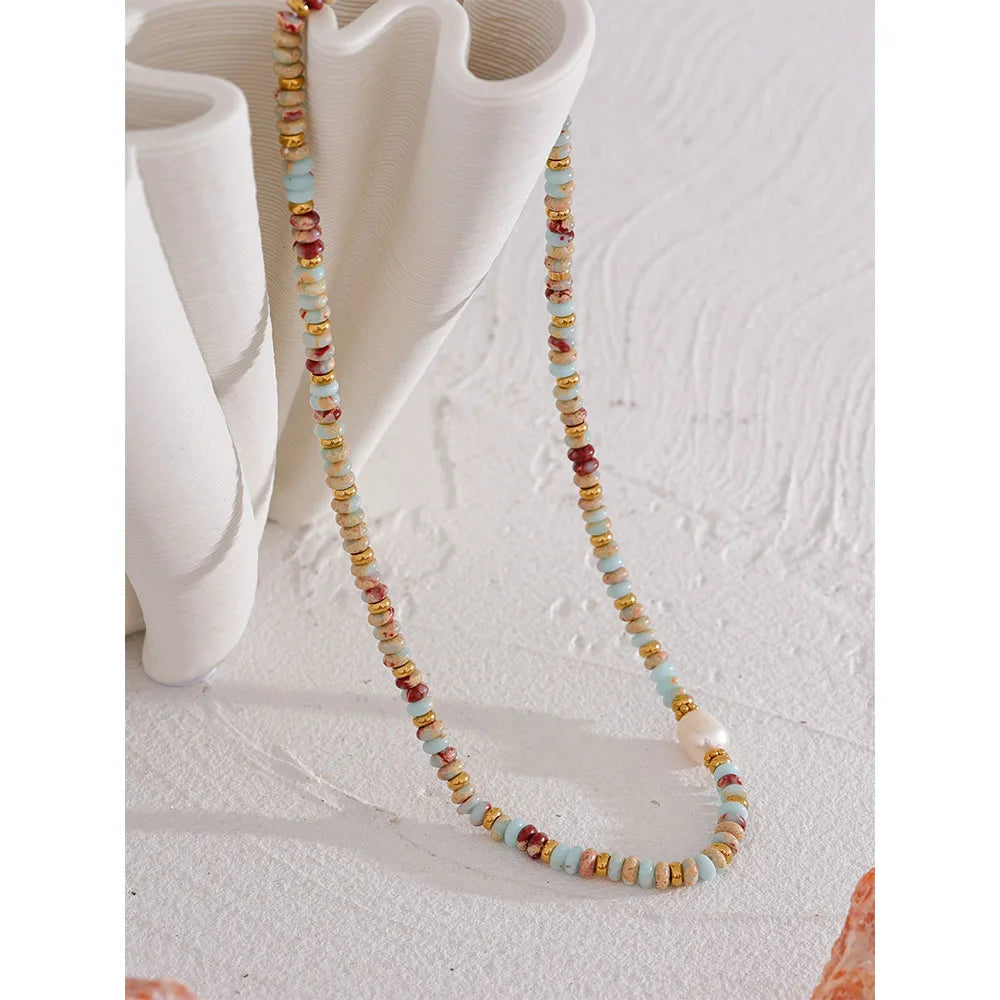 Yhpup Natural Stone & Freshwater Pearl Necklace – Stainless Steel Handmade Beaded Collar Chain Jewelry Gift