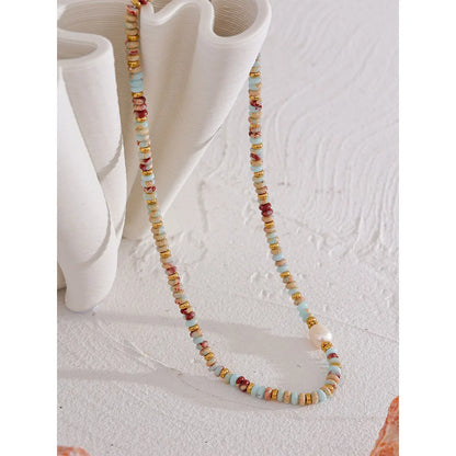 Yhpup Natural Stone & Freshwater Pearl Necklace – Stainless Steel Handmade Beaded Collar Chain Jewelry Gift
