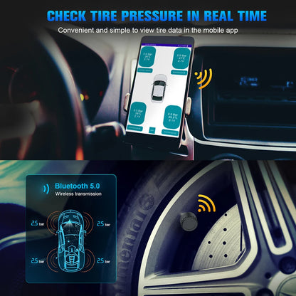 Car TPMS Bluetooth 5.0 Tire Pressure Monitoring System – Motorcycle & Car Tyre Sensor with iOS/Android App Display
