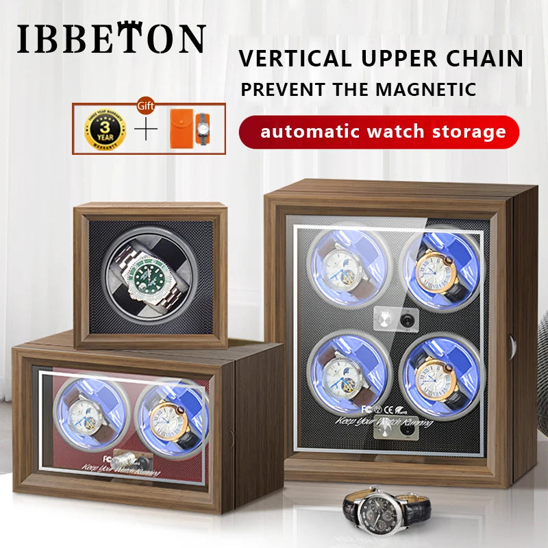 IBBETON Luxury Wood Watch Winder – High-End Automatic Watch Box (2/4/6 Slots) with Mabuchi Mute Motor & Storage Cabinet