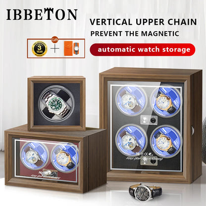 IBBETON Luxury Wood Watch Winder – High-End Automatic Watch Box (2/4/6 Slots) with Mabuchi Mute Motor & Storage Cabinet