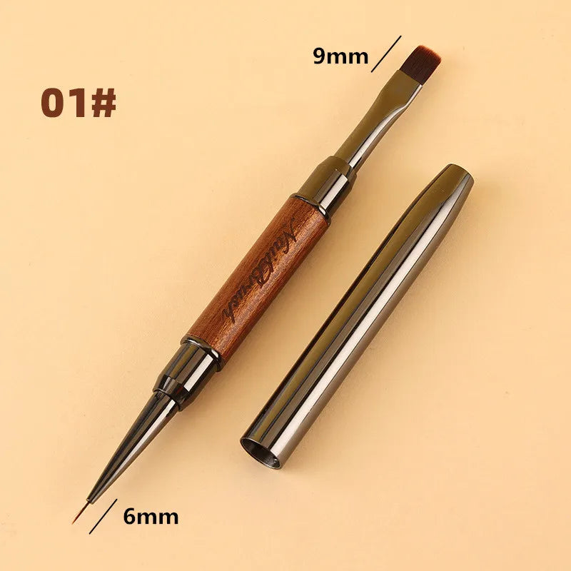 Double-Head Sandalwood Handle Nail Brush – Liner Brush Painting Pen, Gel Brush for Crystal Nail Art Manicure