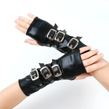 Gothic Fingerless Gloves - Black Short Leather Punk Wristband with Metal Buckle