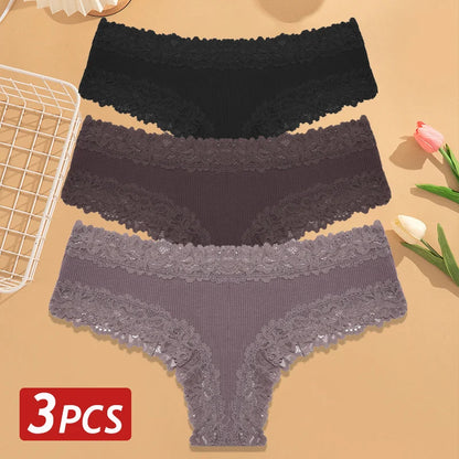 3PCS Women’s Cotton Lace Panties Set - Low Waist Brazilian Bikini Underwear Soft Floral Lingerie T-Back Style