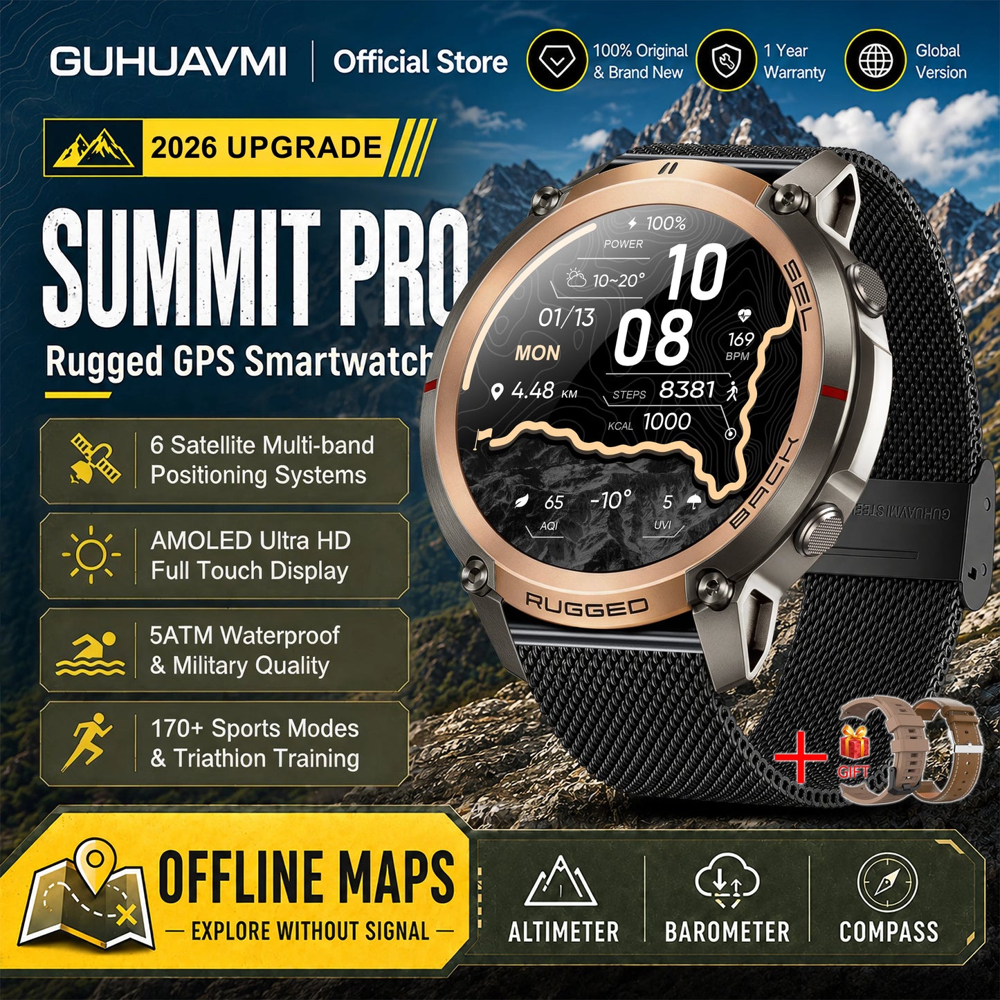 Military GPS Smartwatch for Men - 1.43" AMOLED Display, Bluetooth Calls, Compass, 5ATM Waterproof & 170+ Sports Modes