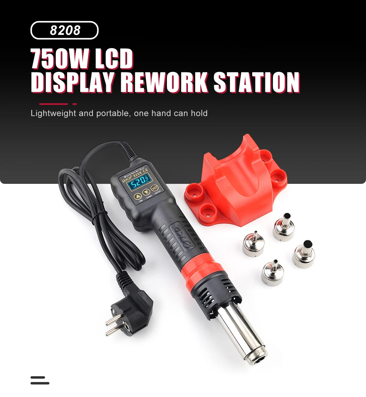 JCD Micro Hot Air Gun 8208 – 750W Soldering & Welding Rework Station, LCD Display All-in-One Heat Gun for BGA & IC Soldering