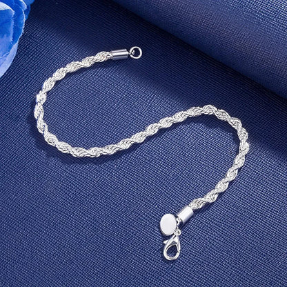 ALIZERO 925 Sterling Silver 4mm Rope Chain Bracelet — Unisex Twisted Link Classic Jewelry for Men and Women
