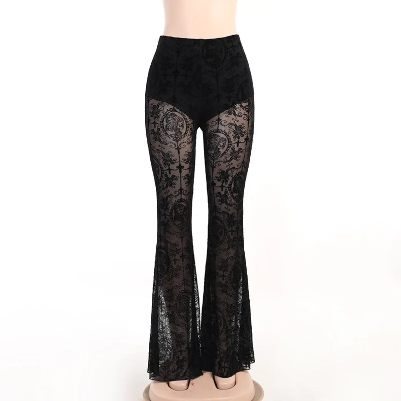 Women’s Gothic Lace Bell-Bottom Pants - High-Waisted Slim Printed Flare Trousers