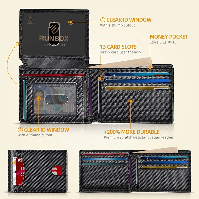 Men's Ultra-Thin RFID Leather Wallet – Carbon Fiber Design with ID Window & Multi Card Slots