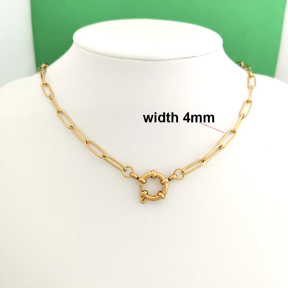 Spring Sailor Clasp Necklace – Stainless Steel Paperclip Link Chain Choker for Women & Men, Geometric PVD Gold Jewelry
