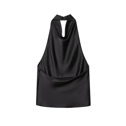 Women's Satin Halter Backless Camisole Top – Off Shoulder Summer Beach Tank Blouse