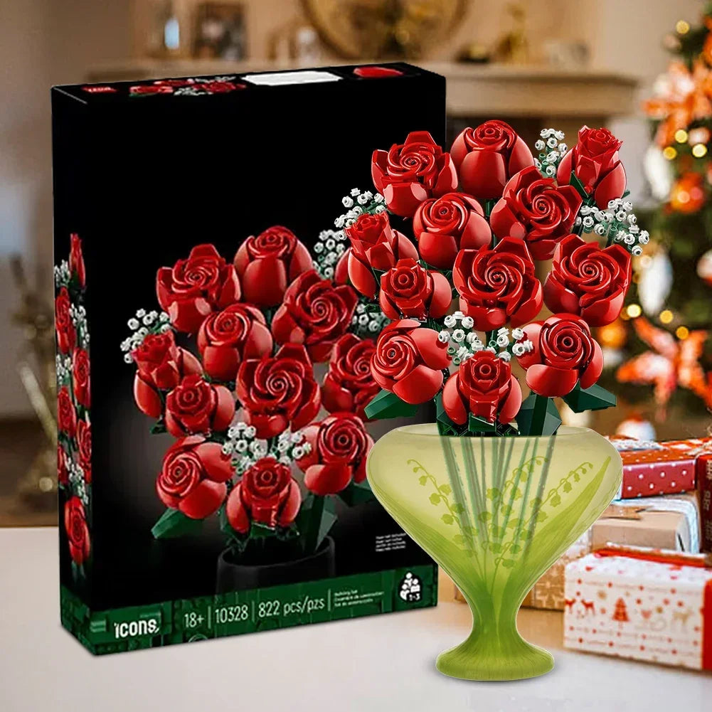 Bouquet of Roses Building Blocks – 10280 Compatible Construction Toy Flowers for Home Decor & Birthday Gift