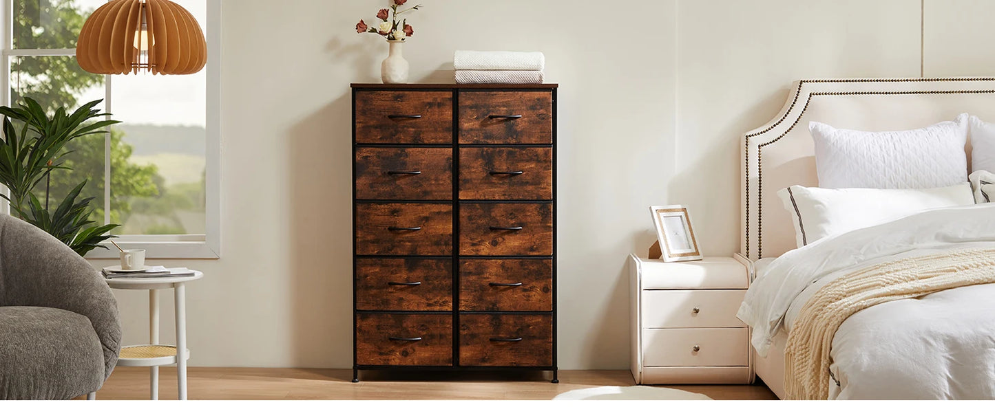 Bedside Table with 10 Fabric Drawers – Steel Frame Storage Cabinet for Bedroom & Living Room