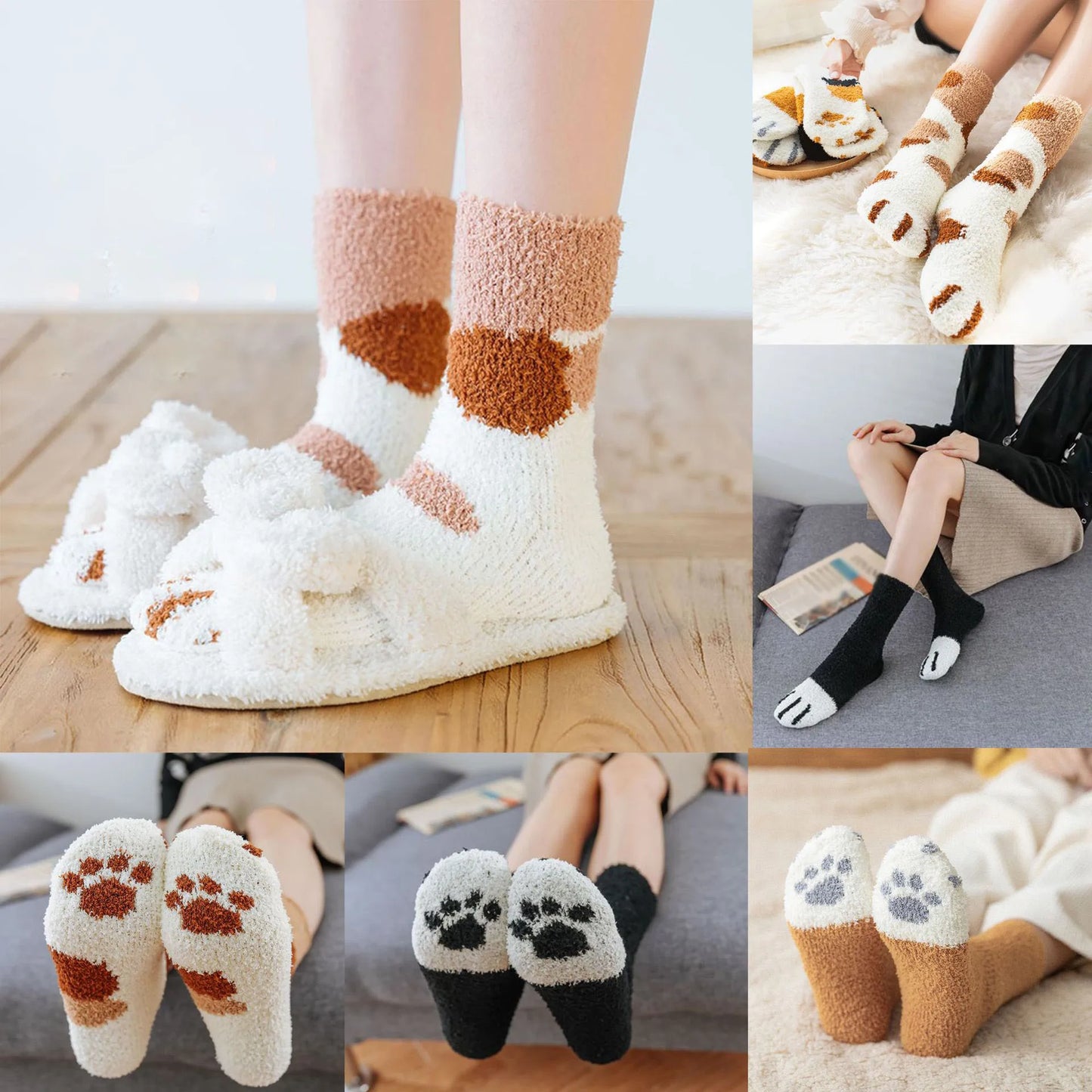Women's Winter Warm Fluffy Socks - Cute Animal Claw and Cat Paw Prints, Thick Coral Fleece Home and Sleep Socks