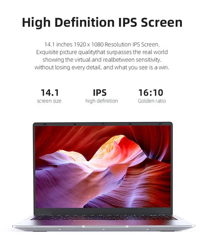 14.1" Laptop Computer – Windows 11, 12GB RAM, 1TB/2TB SSD, Portable Notebook for Office, Study & Entertainment
