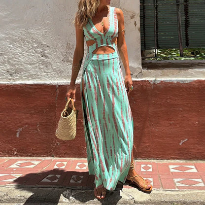 Women’s Sleeveless Summer Maxi Dress – Elegant V-Neck Hollow-Out Patchwork Party Dress, Simple Chic Fashion Print