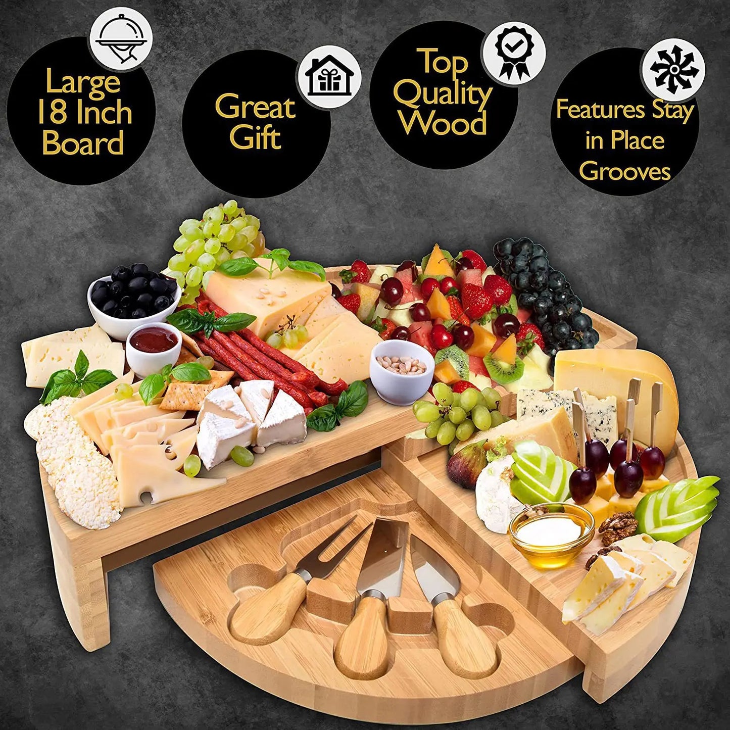 Cheese Board Cutlery Set with Slide-Out Drawer – Slicer, Fork, Scoops and Kitchen Storage Tools