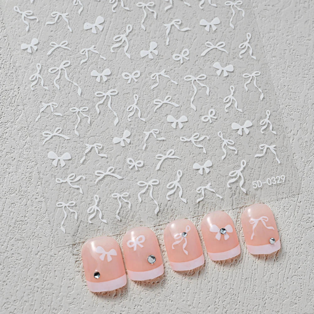5D Pink & White Bowknot Nail Stickers – Self-Adhesive Kawaii Ribbon Nail Art Decals for DIY Manicure & Nail Decoration