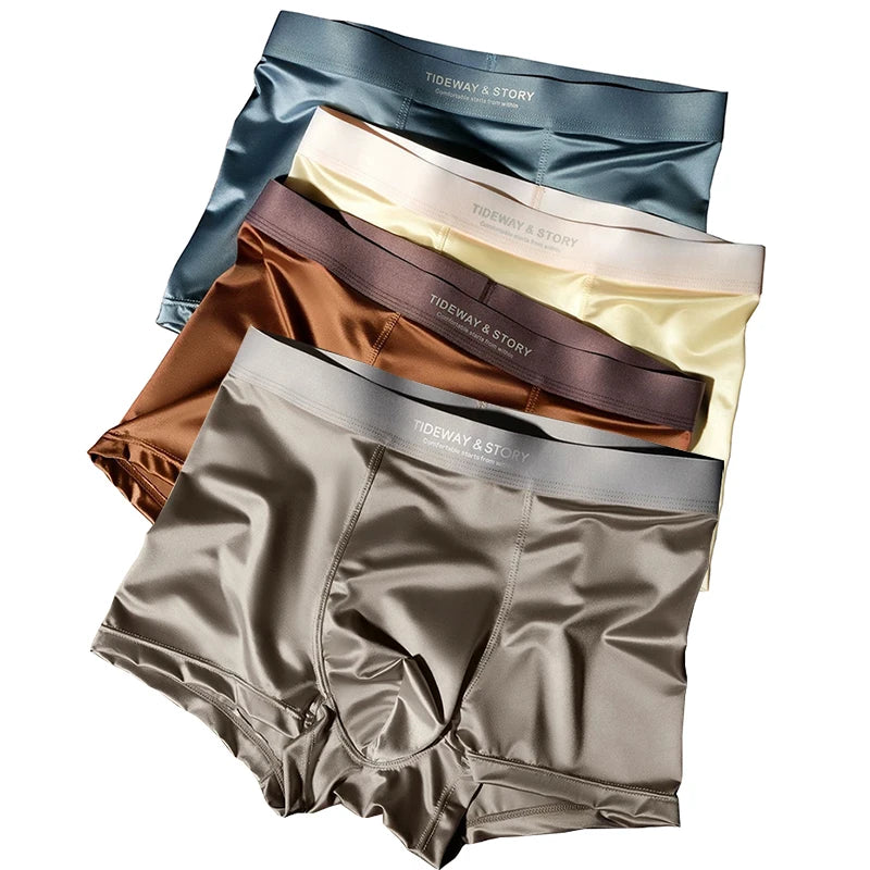 Men’s Ice Silk Underwear - 4PCS Luxury Satin Breathable Seamless Boxer Shorts Flat Corner Design