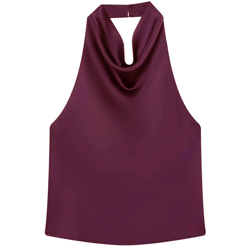 HXAO Women’s Satin Halter Top – Summer 2025 Black & Yellow Crop Tank, Off-Shoulder Sleeveless Backless Vest