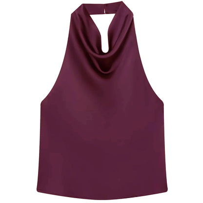 HXAO Women’s Satin Halter Top – Summer 2025 Black & Yellow Crop Tank, Off-Shoulder Sleeveless Backless Vest