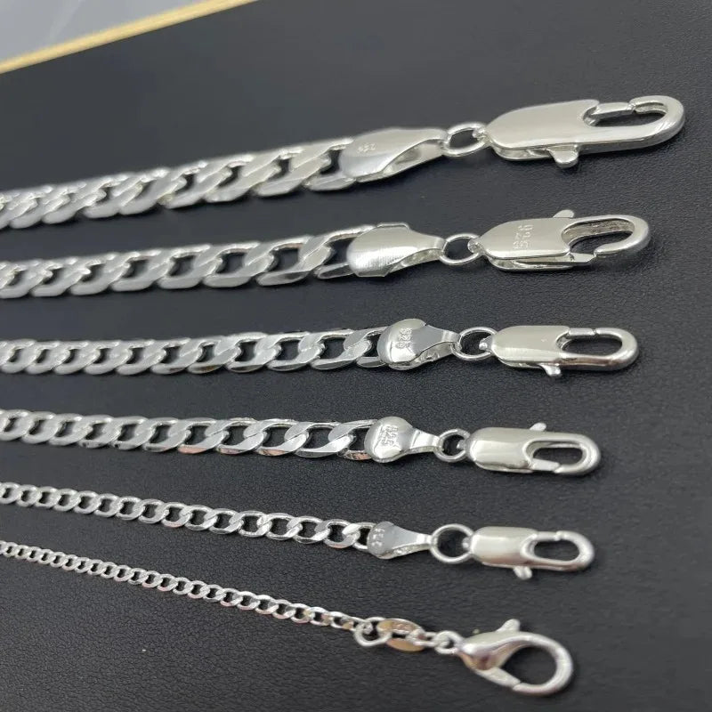 925 Sterling Silver Necklace — 2–12mm Width, 40–75cm Long Chain with Lobster Clasp for Men & Women, Engagement Jewelry