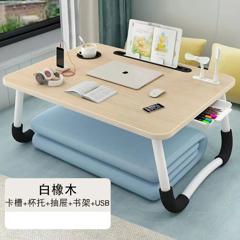 Foldable Laptop Desk for Bed & Sofa – Portable Lap Table with Cup, Book Holder, Drawer, and USB Slot
