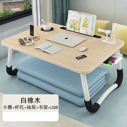 Foldable Laptop Desk for Bed & Sofa – Portable Lap Table with Cup, Book Holder, Drawer, and USB Slot