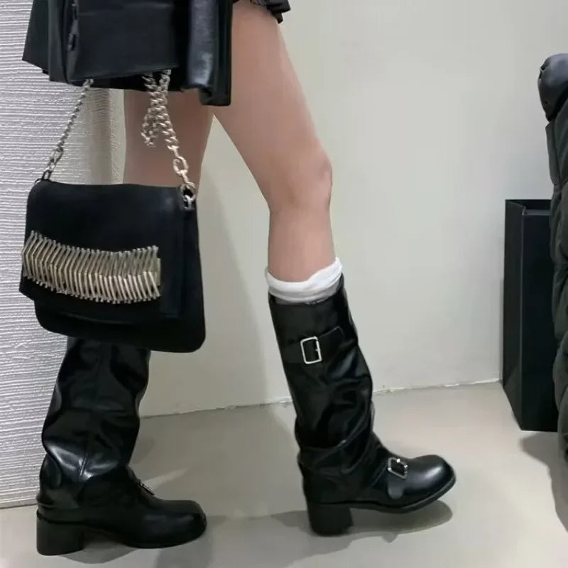 Women’s Knee-High Boots – Platform Chunky Heel Punk Gothic New Rock Leather Motorcycle Footwear Q221