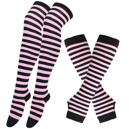Women’s Over-Knee Long Stripe Socks & Arm Sleeve Gloves – Cute Plus Size Thigh High Cotton Socks