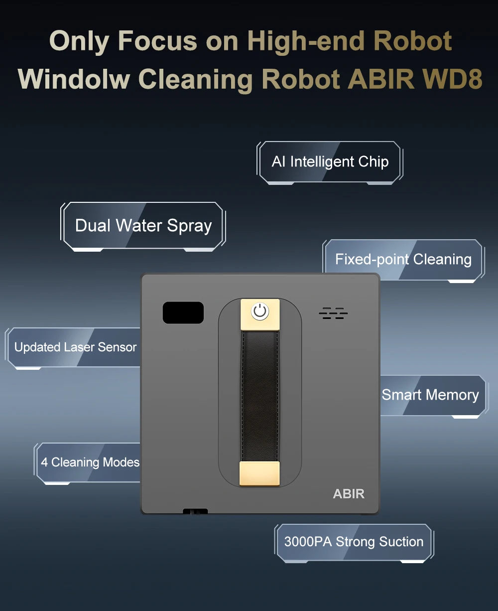 ABIR WD8 Robot Window Vacuum Cleaner – Dual Ultrasonic Spray, APP & Remote Control, Smart Home Glass Mop & Auto Wall Cleaning Robot