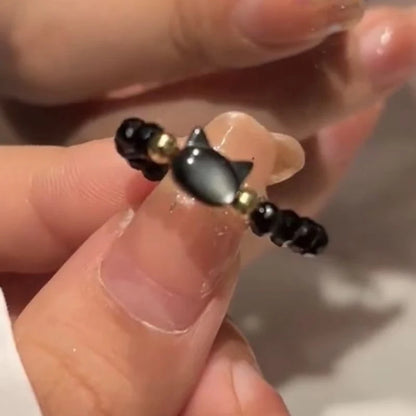 Cute Cat Beaded Rings - Handmade Black & White Stone Couple Rings for Women & Men Korean Fashion Lovers Friends Jewelry Gift