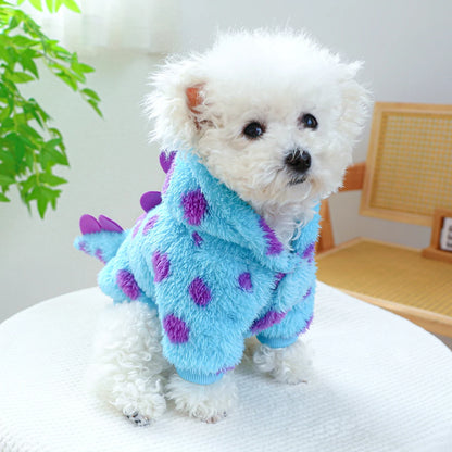 Pet Hooded Coat: Warm Blue Dinosaur Jacket for Small-Medium Dogs - Autumn/Winter Thickened Clothing with Drawstring Buckle