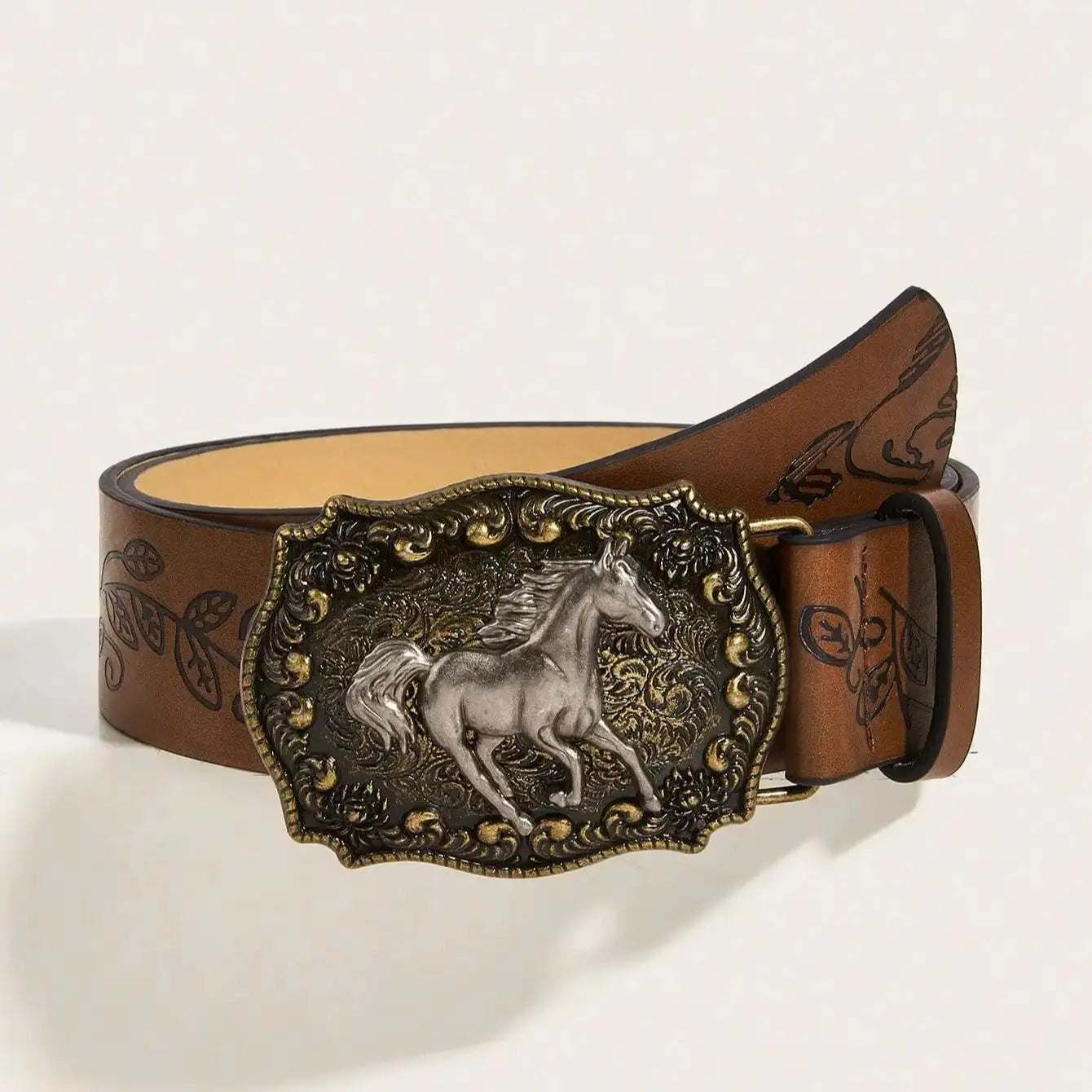 Neutral Horse Head Buckle PU Belt – Fashionable Peony Pattern Design