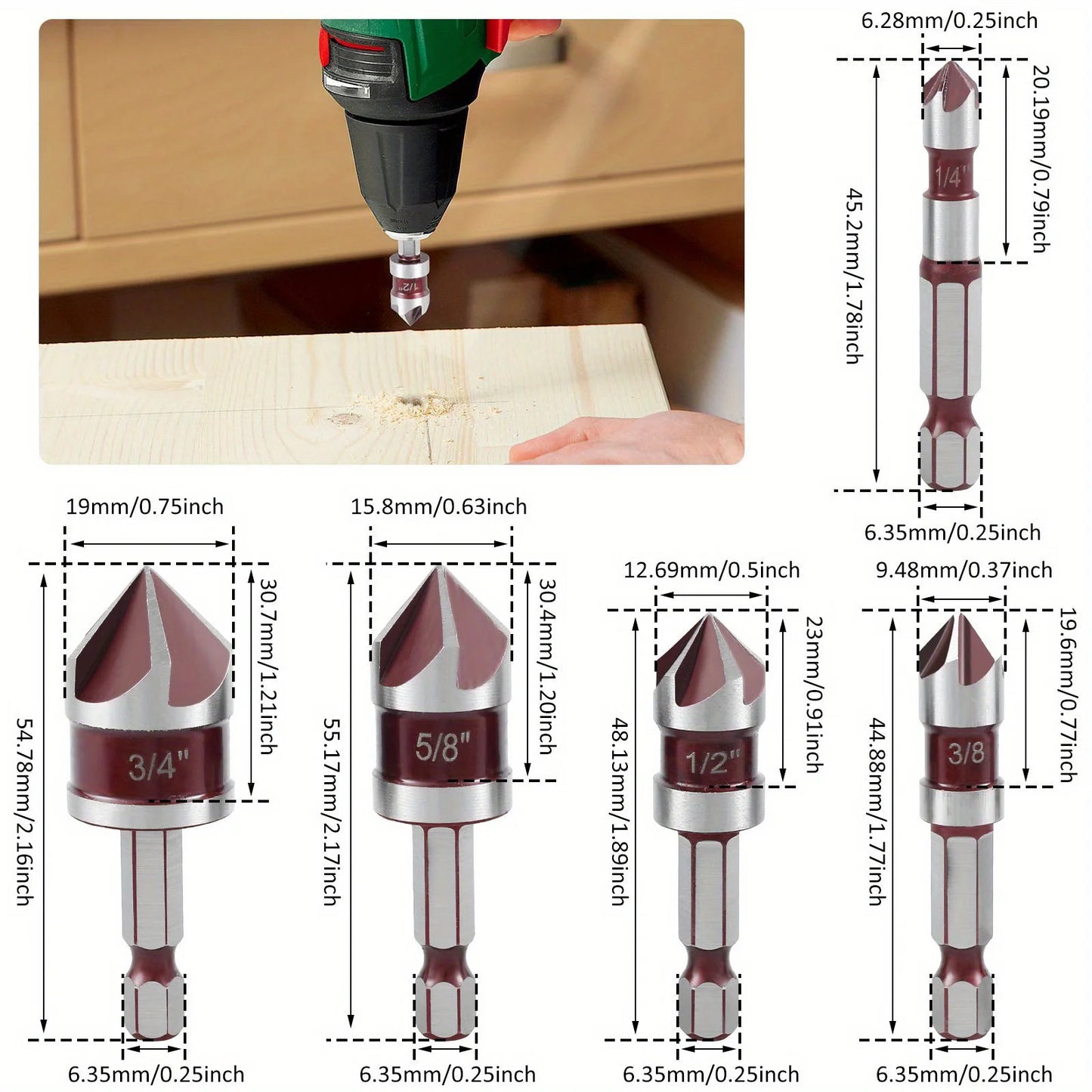 5PCS M35 Cobalt Countersink Drill Bit Set – 82° 5-Flute Hex Shank (1/4") for Metal, Wood & Precision Drilling with Holder